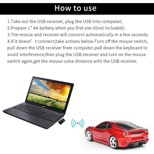 Trådløs bilmus - Ergonomisk optisk mus med USB 2.4G mini-modtager til pc, bærbar computer, notebook og Windows 10