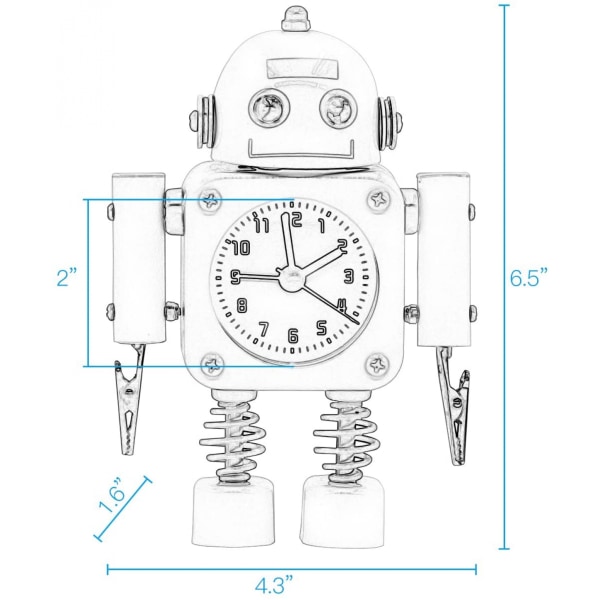Tikittävä robottiherätyskello ruostumatonta metallia - Herätyskello, jossa vilkkuvat silmävalot ja käsipidike (valkoinen)