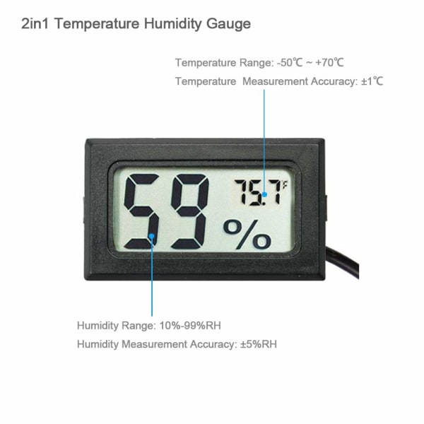 2-pakke Mini Digital Hygrometer Termometer Måler med Probe LCD Display Temperatur Fahrenheit Fuktighetsmåler for Inkubator, Reptil Plante Terrarium,