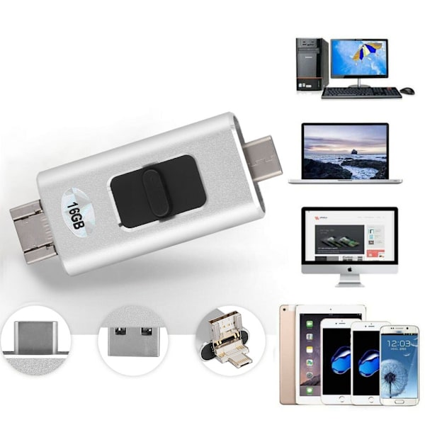 16 Gt muodikasta monitoimista 4-in-1 U-levyä Androidille, tyyppi C, sopii iPhoneen ja iPadiin (hopea)