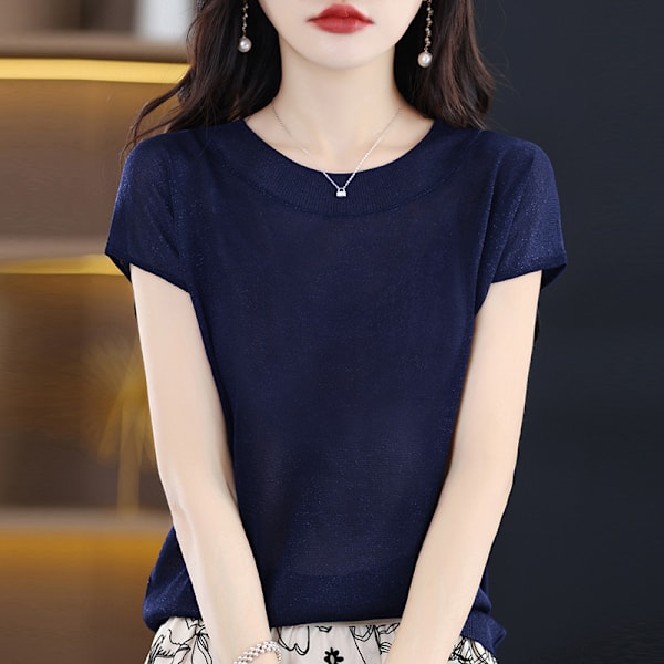 Sommer Ny Casual Kortærmet Dame Rund Hals Strik Sweater Ærme T-shirt Løs Western-stil Lys Silke Elegant Top navy blue L