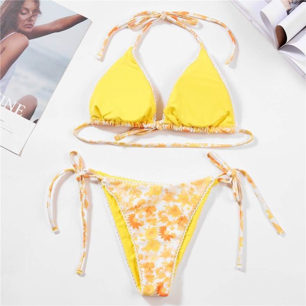 Bikinis Badkläder Set för Kvinnor Badkläder Triangel Baddräkt Tie String Trosa Yellow L