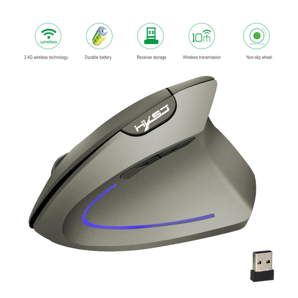 Trådløs ergonomisk mus, stille liten vertikal mus med og USB-mottaker, 6 knapper og 2400 DPI, oppladbar mus