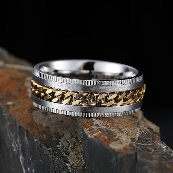 Intertwine  Hopeanvärinen kulta ruostumaton teräs 8mm renkaat miehille Spinner Fidget Ring Ahdistusrengas miehille Curb Chain Inlay-13.5