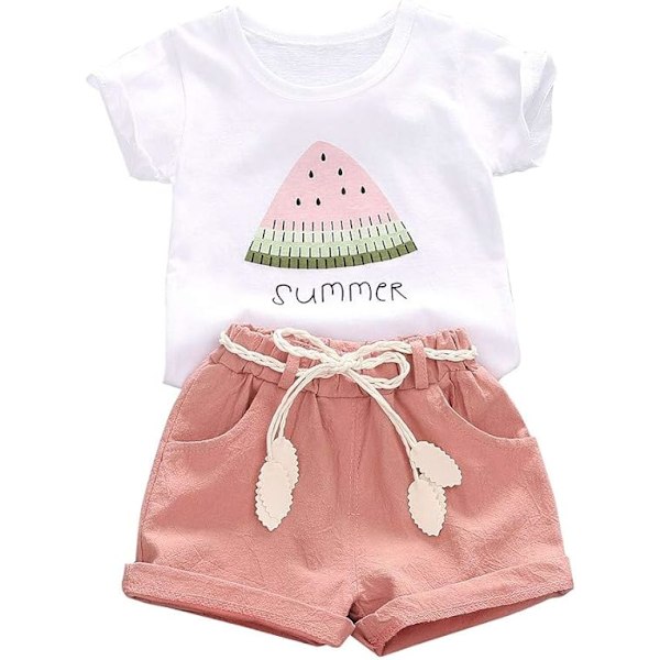 Baby Småbørn Piger Tøj Vandmelon T-shirt Toppe Hør Shorts Sæt Søde Sommer Shorts Sæt pink 80cm