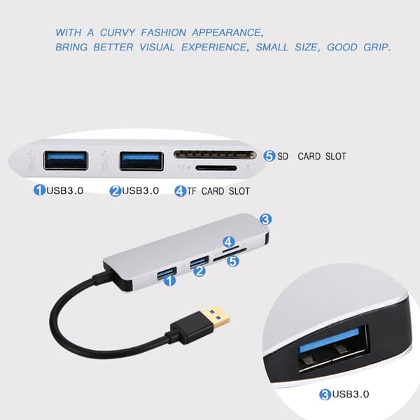 USB3.0 til USB3.0*3 Splitter Adapter 5Gbps 3.0 Splitter Adapter Konverter TF/SD Konverter Sølv