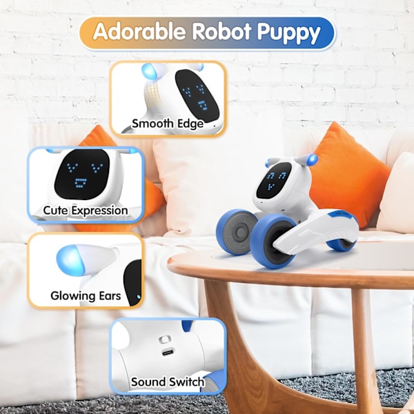 Robot hundeleke med ansiktsuttrykk og lys, smart interaktiv snakkende robotleker med stemmestyring, berøringssensor, opptak, sang og dans