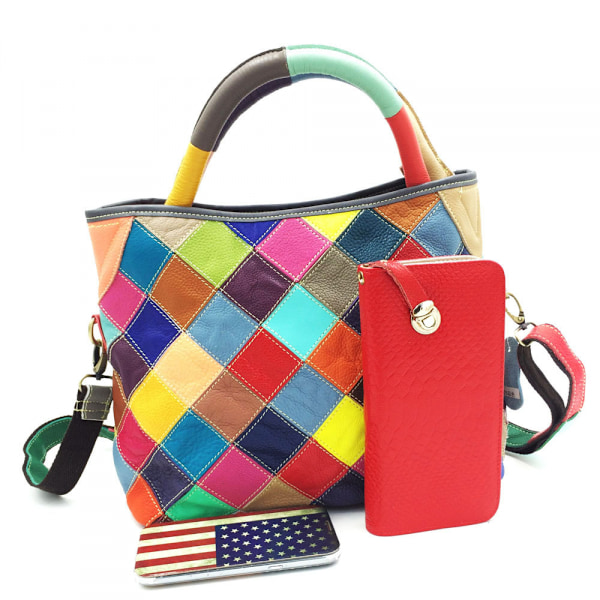 Patchwork Färg Damväska Kohud Handväska Crossbody Väska Läder Damväska