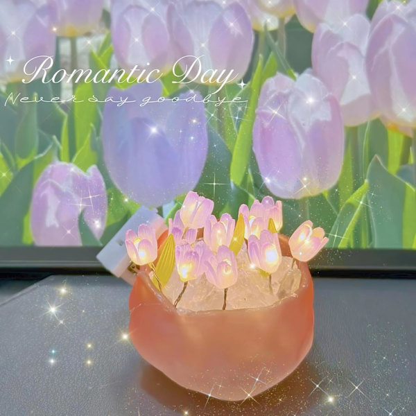 Natlampe, DIY Tulipan Lampe Håndlavet Møbel Dekoration Simuleret Blomst Soveværelse Sovebord Bordlampe Børn Pige (10 Blomster)
