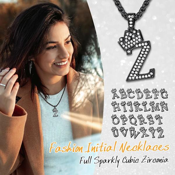 Krona Initial A-Z Halsband, Iced Out Letter Hänge med 22-24 Tums Kedja, Män Kvinnor Bling Hip Hop Alfabet Namn Smycken Present Stora Initialer Halsband Z Black