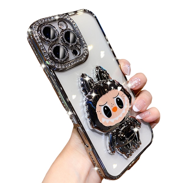 labubv Belagt Telefoncover med Skjult Spejl & Stativ: Funklende Diamant Linseramme, Kompatibel med iPhone (sølv) sliver iPhone11