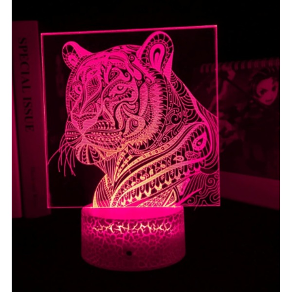 3D Tiger Natlys LED Lampe Illusion 7 Farveskiftende Berøringskontakt Bordskrive Dekorationslamper Fødselsdagsgave Akrylbase USB Kabel Legetøj