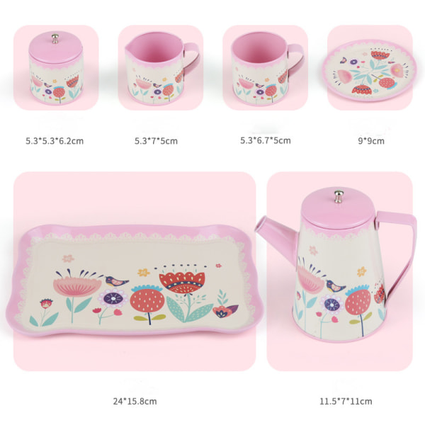 Tea set for kids, pink tin tea party set for little girls, tea time set for toddlers, play dishes princess toys