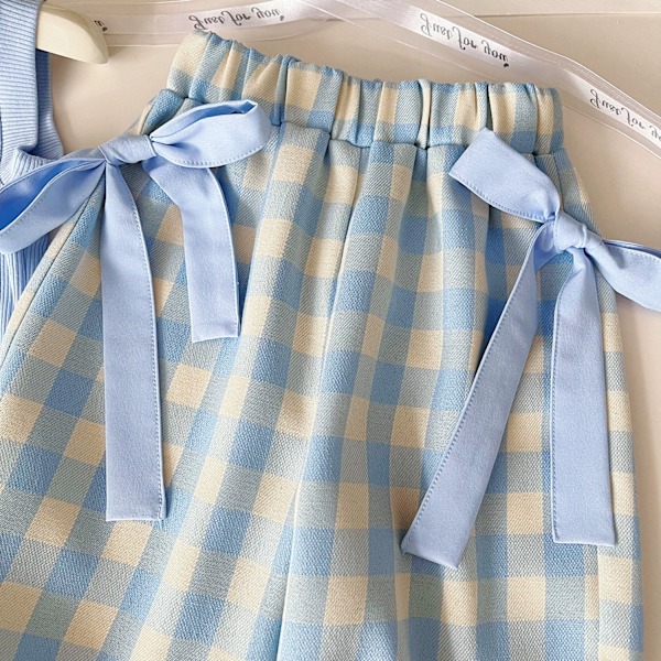 Toddler Baby Flicka Kläder Ribbstickad Ärmlös Tank Top & Rutiga Byxor med Rosett 2 Delar Vår Sommar Outfit Set 90cm