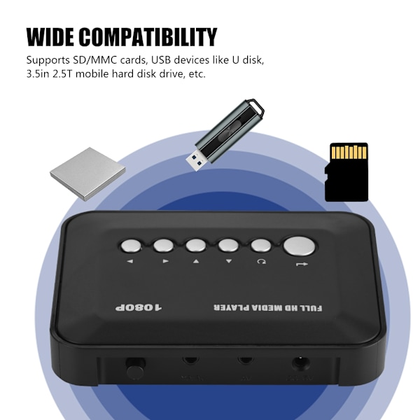 HDMI/AV/YPbPr-utgang HD-mediespiller 1080P 100 Mbps dekodingrate HDMI-mediespiller -