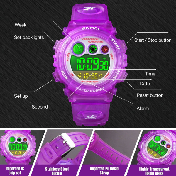 Digitalt sportsur til børn, vandtæt elektronisk multifunktions fritids-udendørsure, 7 farverige LED lysende alarmstopur armbåndsur (lilla)
