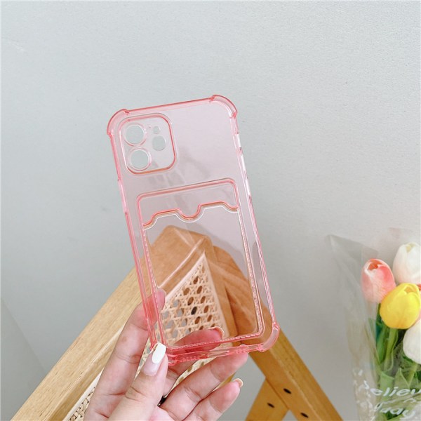 JUSTUP Gennemsigtig pung iPhone etui Gennemsigtig kortspor etui Slim Fit Beskyttende blød TPU Stødsikker pung etui til iPhone 13 (Transparent Pink)