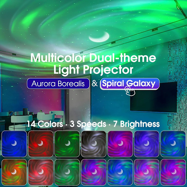 Galakseprojektor, 4-i-1 stjernelysprojektor med Aurora og spiralgalakse, stjernehimmel og måne, flerfarget nattlysprojektor med timer