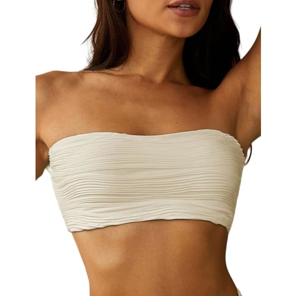 WJSMWomen 2-delt Bandeau badedragter Ribbet snørebånd Stropløs Bandeau Bikini sæt Højtsnit badedragter 5-top Only-2beige L