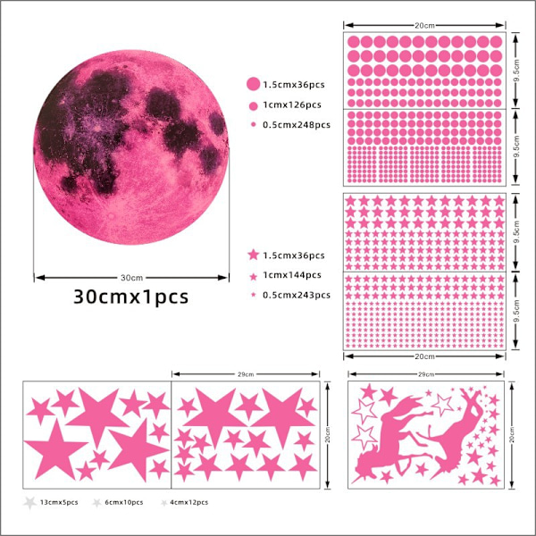 Glow in the Dark Stars Moon Wall Decals Luminous Unicorn Castle Wall Stickers 893 Pcs DIY Wall Decor för barnrum Pink-1 30cm*Moon