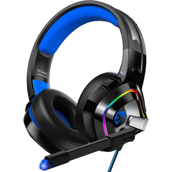 Gaming Headset PS4 Headset, Xbox One Headset med støyreduksjonsmikrofon og RGB-lys, PC-headset med stereosurroundlyd, Over-Ear-hodetelefoner for Blue