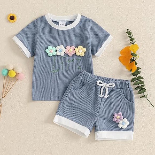 Sommarkläder för små flickor, våfflad topp med 3D-blommor, kortärmad, shorts med resår i midjan, söta babykläder blue 3-4Y
