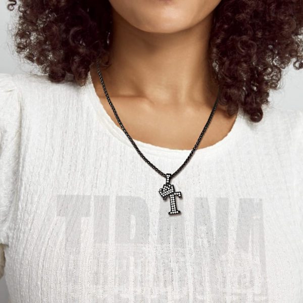 Krona Initial A-Z Halsband, Iced Out Letter Hänge med 22-24 Tums Kedja, Män Kvinnor Bling Hip Hop Alfabet Namn Smycken Present Stora Initialer Halsband T Black