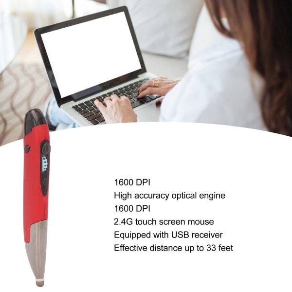Langaton äänitulo Optinen taskukynähiiri 2,4 GHZ 33 jalkaa langaton etäisyys 1600 DPI USB -kynähiiri PC kannettavalle tabletille Red