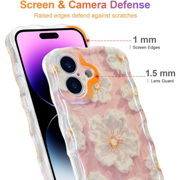Deksel til iPhone 16plus, Fargerik Retro 0iI Maleri Trykt Blomst Laser Glanset Mønster Søt Krøllete Bølgekant Utsøkt Stilig Dura Light Pink