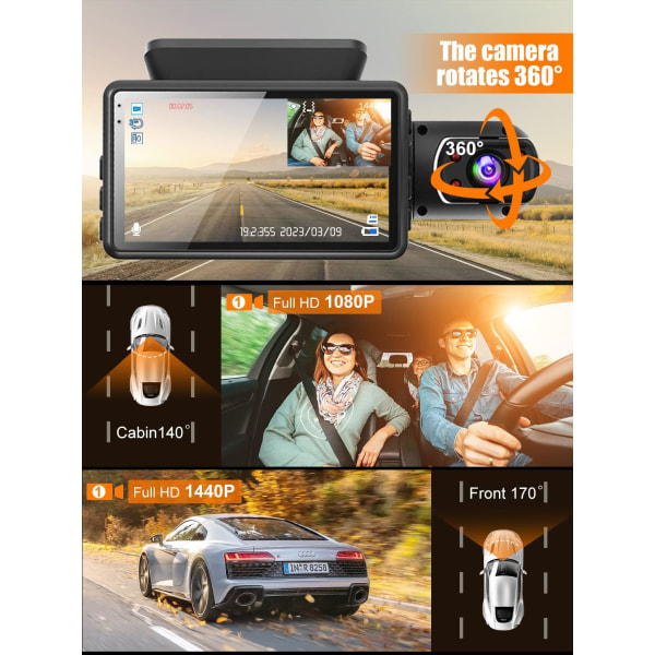 360° Dash Cam, 2-kanals dashkamera för bilar, 1440P Dash Cam fram och inuti, 3” skärm, 170° vidvinkel, WDR, 24H parkering, gratis 32 GB SD-kort Black