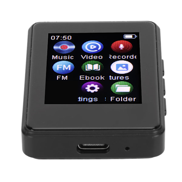 MP3-spiller Bluetooth 5.0 1,77 tommers Full Touch-skjerm HiFi Stereo-lyd FM-radio Opptak MP4 Musikkspiller med 16G Minnekort