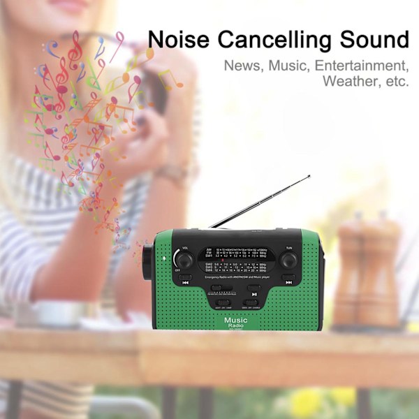 FM/AM/SW-aurinkokäyttöinen käsikampi-radio, muistikortti, musiikki Bluetooth-handsfree-puheluille, aurinkokäyttöinen FM-radio, vihreä