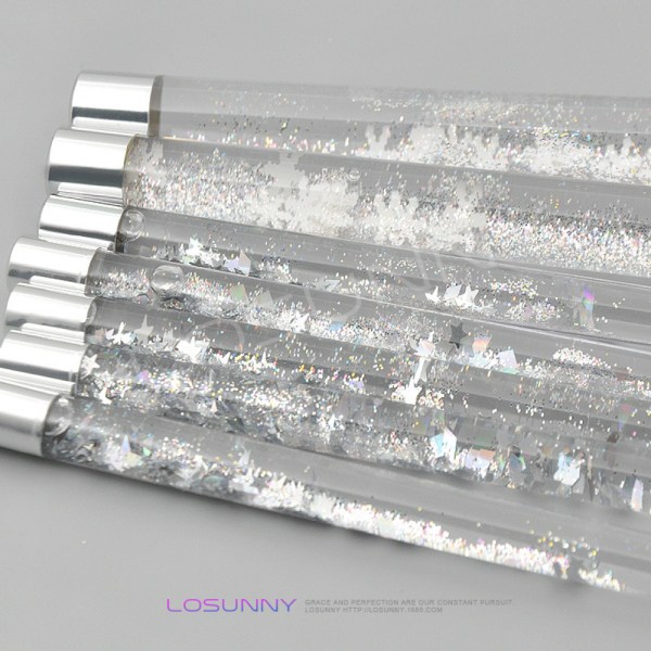 Sett med 7 sminkebørster med klar krystall diamantpartikkelhåndtak med kvikksand flytende partikkelpaljetter, blandingsbørstesett for skjønnhetssminke (stil 4)