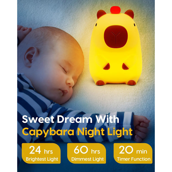 Capybara nattlys, søt capybara lampe, silikon dempbar barnehage nattlys, oppladbar LED nattbordslampe med 20 minutters timer og trykkontroll