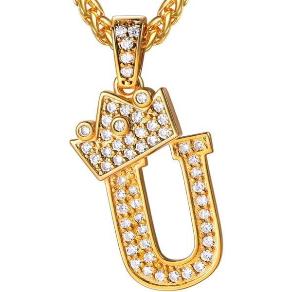 Krone Initial A-Z Halskjede, Iced Out Bokstavanheng med 22-24 Tommers Kjede, Menn Kvinner Bling Hip Hop Alfabet Navn Smykker Gave Store Initialer Halskjeder U 18K Gold