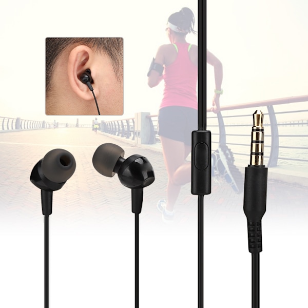 3,5 mm enkel in-ear-kabelkontroll stereo sportsøretelefon kablet hodesett svart