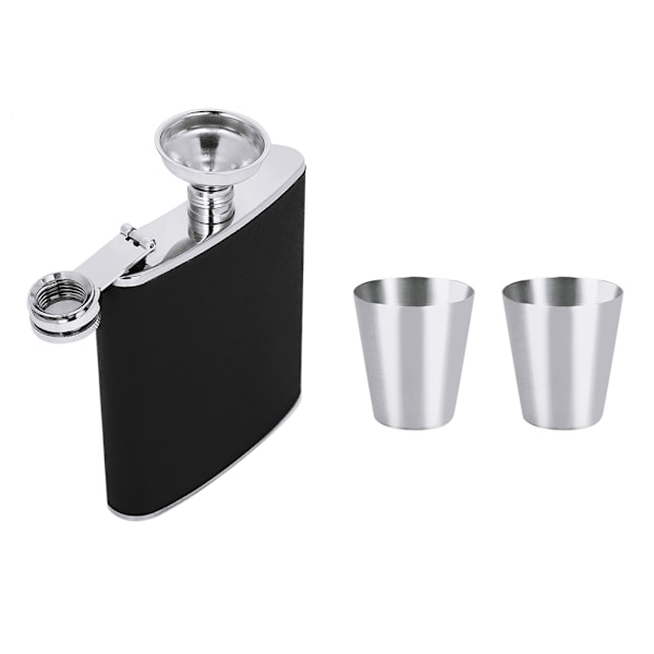 Rustfrit Hip Flask i Sort Lædertragt med To Vinkop Sæt til Fødselsdagsgave (7oz)