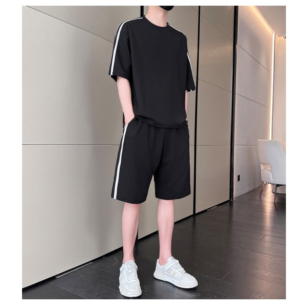 Högkvalitativ casual kostym herr sommar enkel high-end kortärmad shorts fashionabla matchande T-shirt sportkläder Black XL