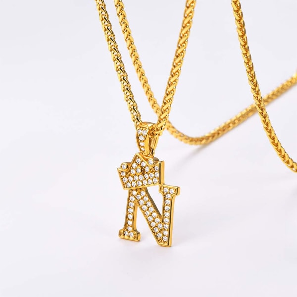 Krone Initial A-Z Halskæde, Iced Out Bogstav Vedhæng med 22-24 Tommer Kæde, Mænd Kvinder Bling Hip Hop Alfabet Navn Smykker Gave Store Initialer Halskæder N 18K Gold
