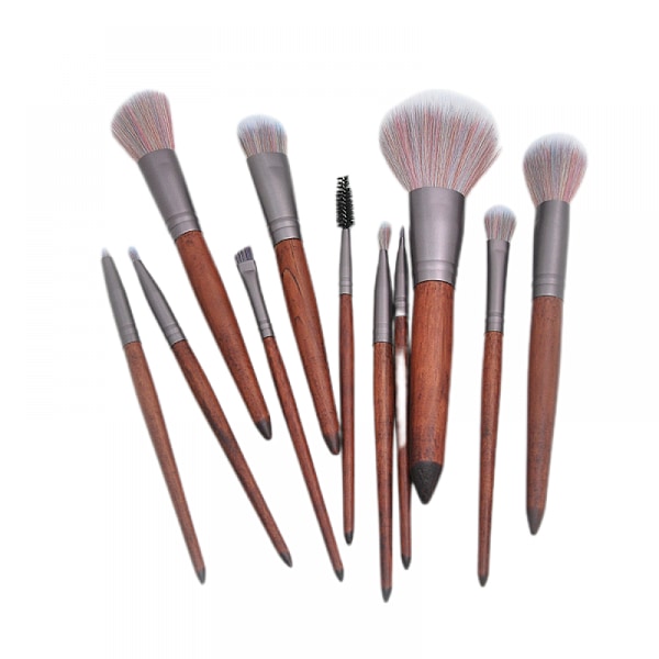 11 makeup børste sæt + brun PU taske imitation mahogni sandeltræ håndtag øjenbørste 3D skønhed makeup værktøj