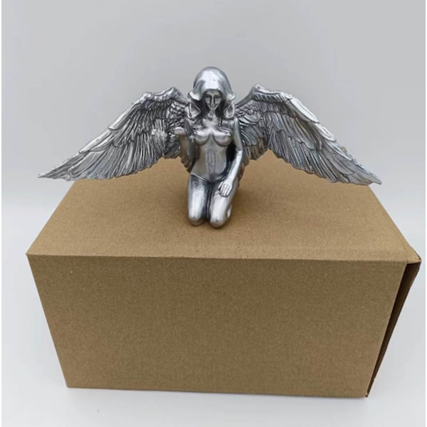 Kunst Engel Kvinde Vinger Knælende Kappe Hat 3D Engel Kunst Statue Dekor Sølv Finish Knælende Nøgen Vinget Kvindelig Statue