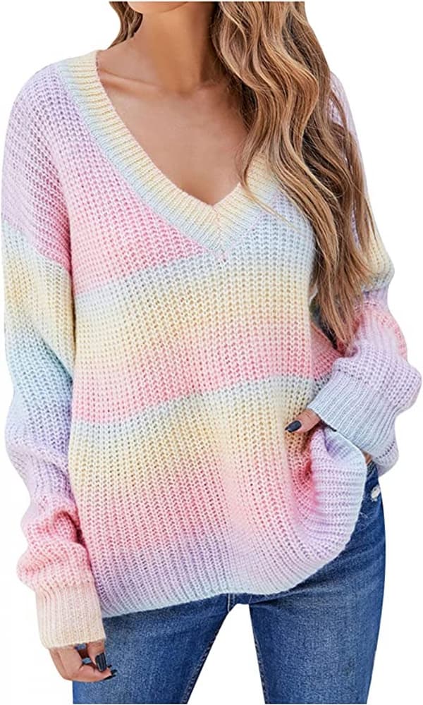 Mørke Sweatre til kvinder - Efterår og vinter - Langærmet V-hals - Farvekombination - Stribet - Trykt - Gradient - Sweater