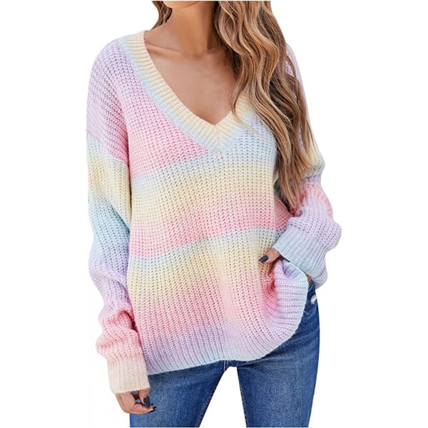 Mørke trøjer Dame efterår og vinter langærmet V-hals farve syninger Stribet printet gradient sweater