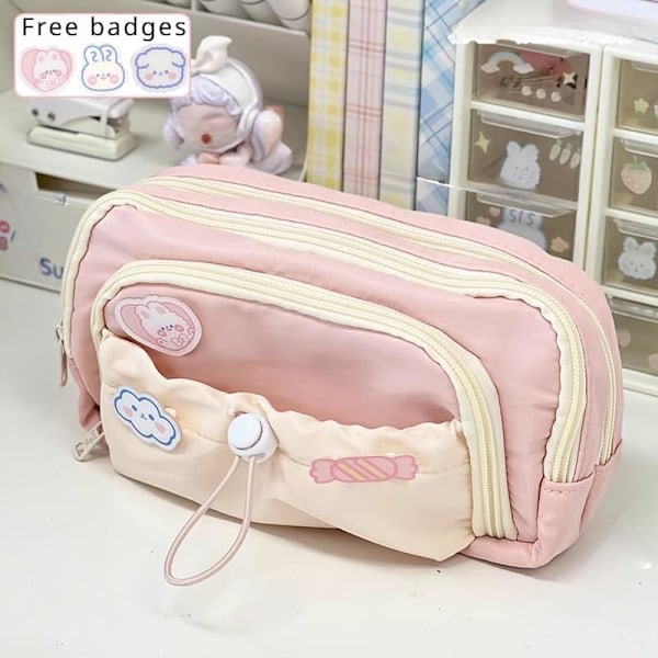 Sød Æstetisk Penalhus Kawaii Penalhus med Kawaii Pins Stor Penalhus Holder Preppy Forsyninger Pink