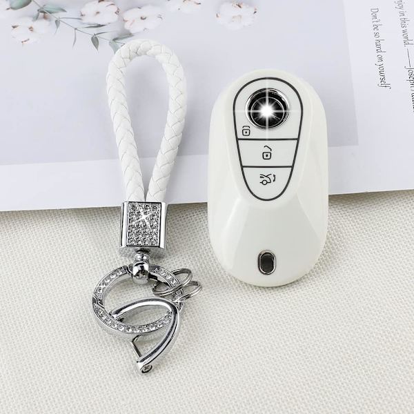 PIFOOG Nyckelskydd för Benz Bling Nyckelring 3 Knappar TPU Nycklar Fob Fodral Skydd Tillbehör för 2021-2022Benz S C SL Klass Girly Kvinnor Vit Silver