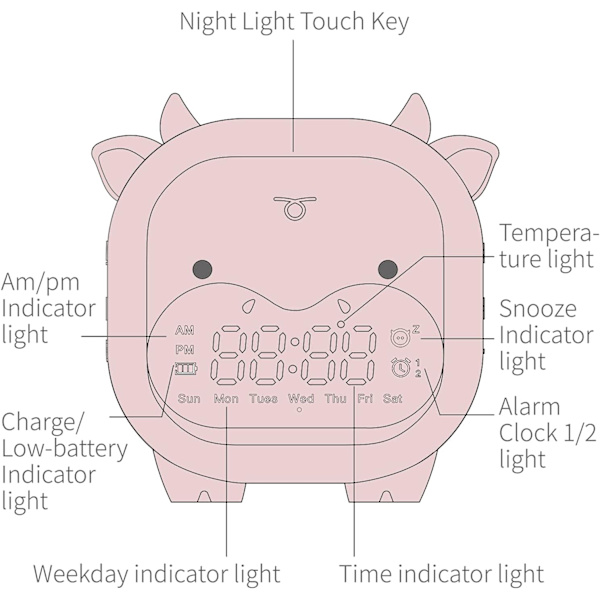 Barnväckarklocka Sovrum Datum Temperatur Snooze Vakna Ljus&Nattljus Söt Digital Ko Klocka med USB för Pojkar Flickor Gåvor