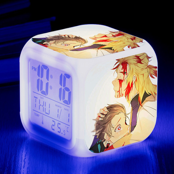 Wekity Anime Ghost Slayer Färgglad Väckarklocka LED Kvadratisk Klocka Digital Växklcka med Tid, Temperatur, Alarm, Datum