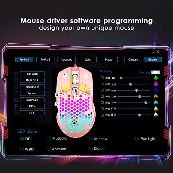 Ultralätt Spelmus, RGB-belyst Mus med 7 Programmerbara Knappar, PAW3325 6400 DPI Mus, Lättviktsmus med Bikakeskal