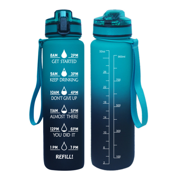 32 oz motiverende vandflaske med tidsmarkør ， 1 l flaske med bærestrop, perfekt til fitness, fitness og udendørs sport（Macaron Green Black）