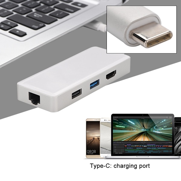 Typ-C-hubb Typ-C till HDMI + USB3.0 + USB2.0 + RJ45 + TF/SD + PD-dockningsstation